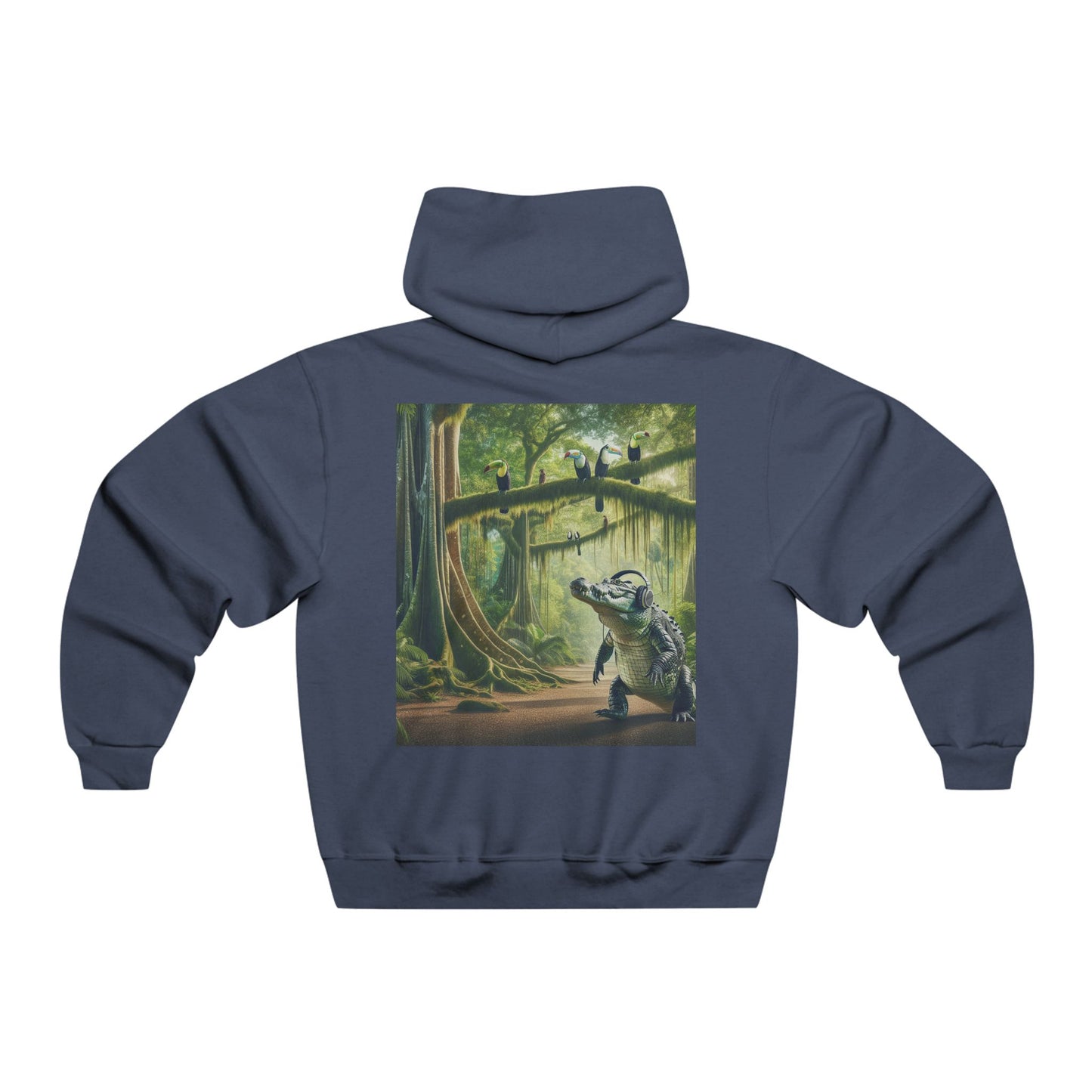In the jungle's heart where shadows play, The crocodile glides in a silent ballet. Above, the toucan calls with a vibrant hue, A symphony of life, both old and new. Hooded Sweatshirt