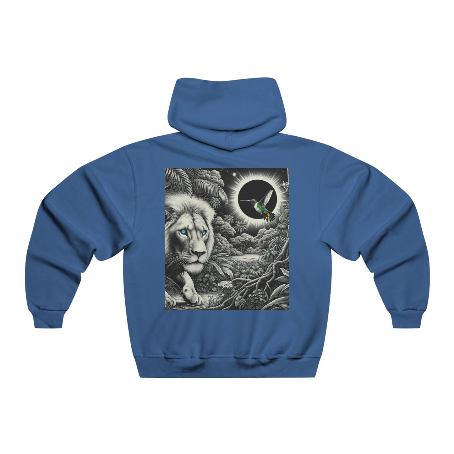 In the shadow of the eclipse, the lion prowls with quiet grace, while the hummingbird flits like a whisper of light, balancing power and fleeting beauty in the darkness Hooded Sweatshirt