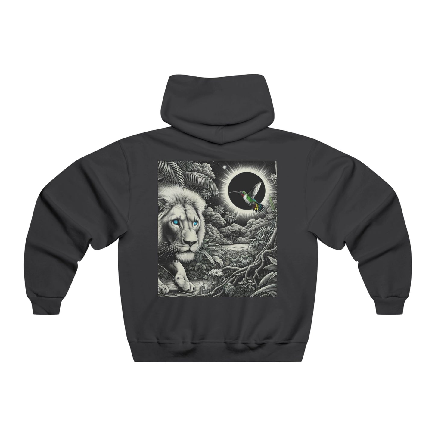 In the shadow of the eclipse, the lion prowls with quiet grace, while the hummingbird flits like a whisper of light, balancing power and fleeting beauty in the darkness Hooded Sweatshirt