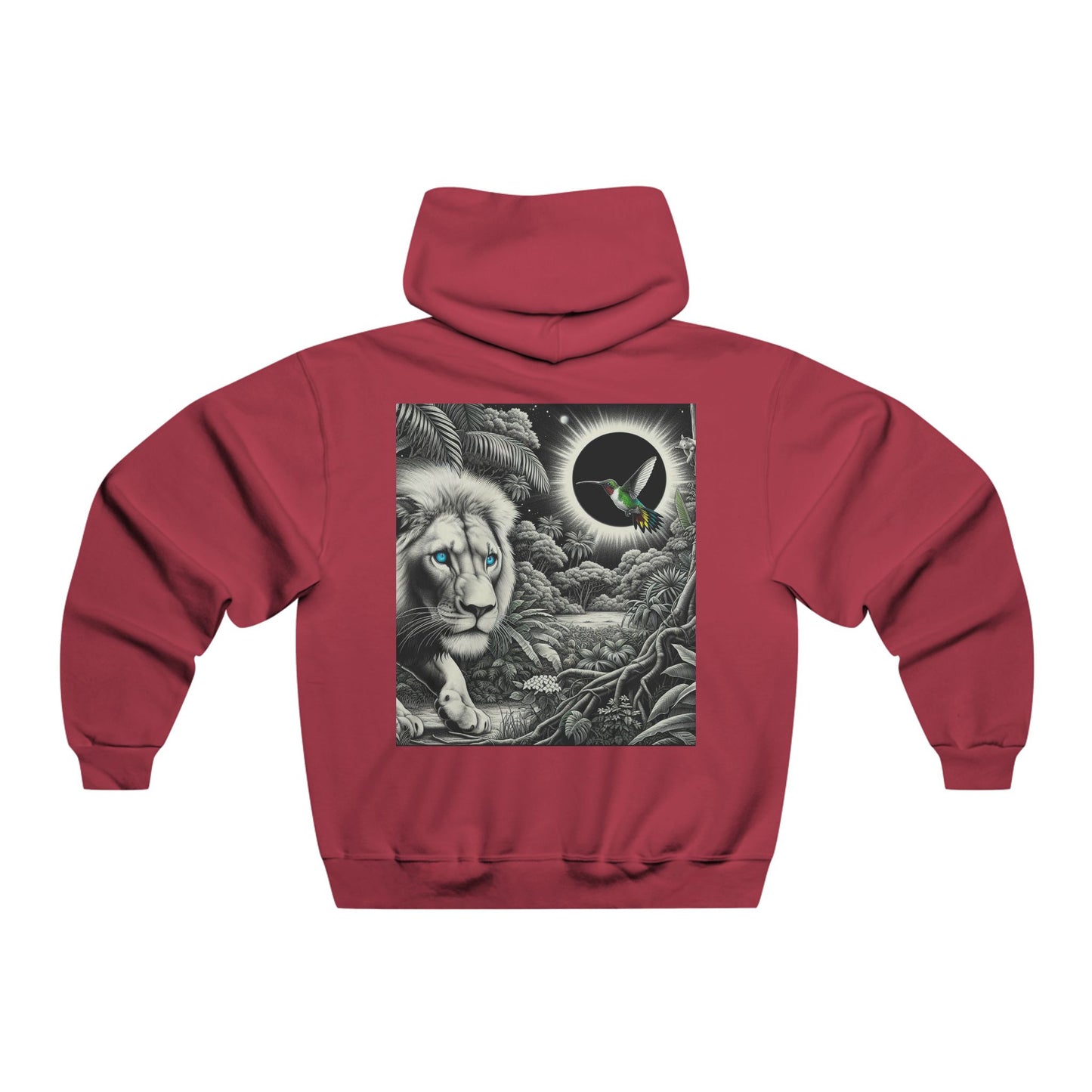 In the shadow of the eclipse, the lion prowls with quiet grace, while the hummingbird flits like a whisper of light, balancing power and fleeting beauty in the darkness Hooded Sweatshirt