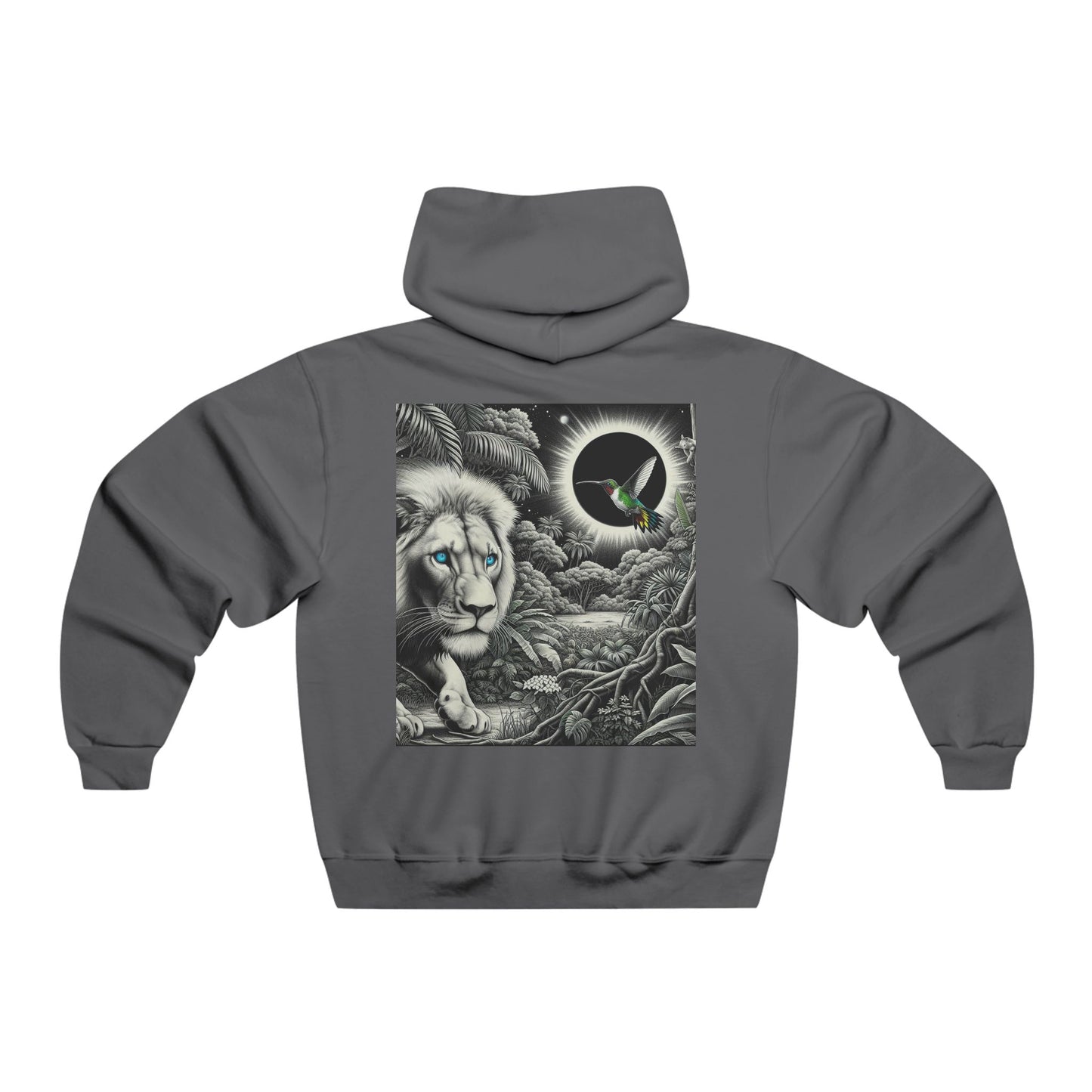 In the shadow of the eclipse, the lion prowls with quiet grace, while the hummingbird flits like a whisper of light, balancing power and fleeting beauty in the darkness Hooded Sweatshirt