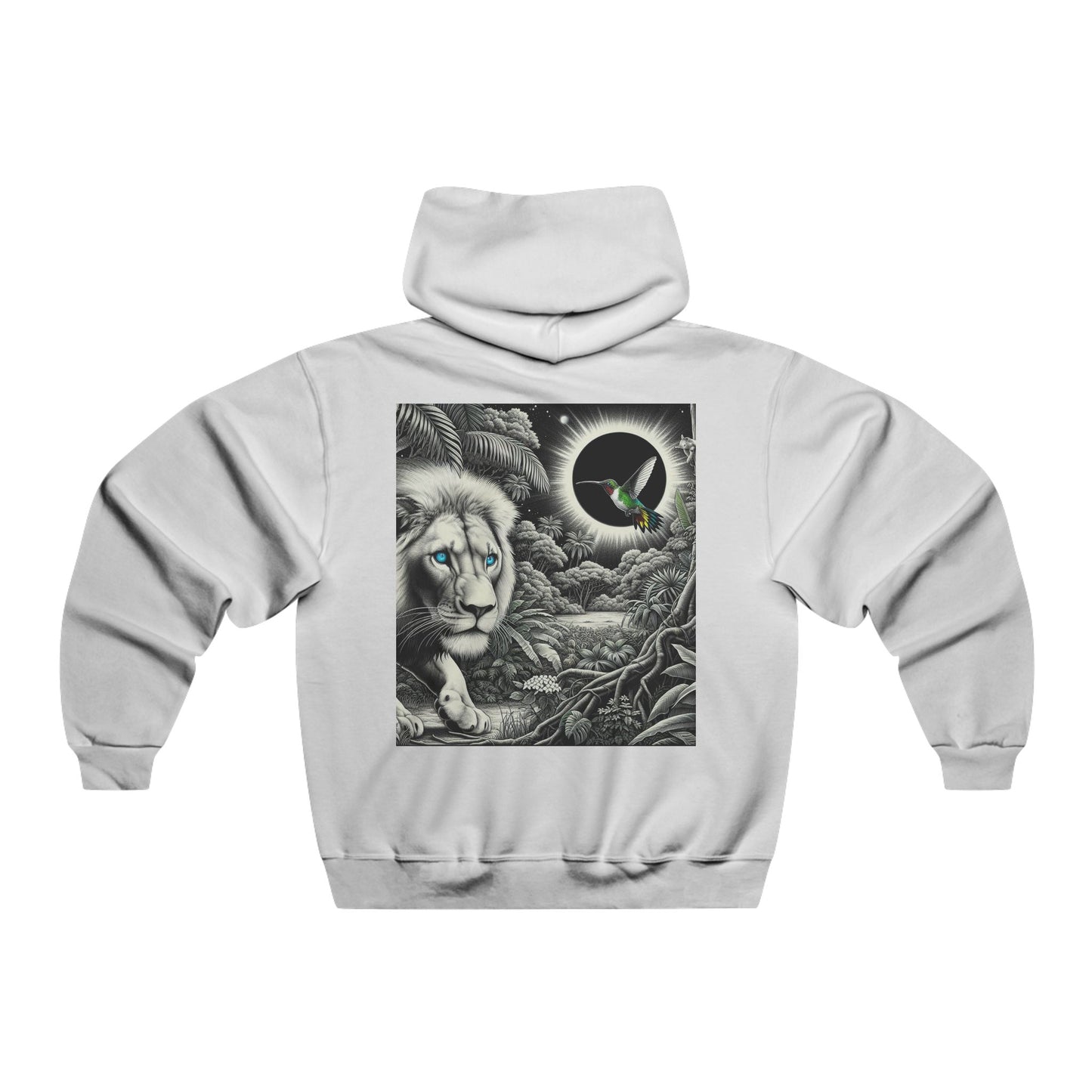 In the shadow of the eclipse, the lion prowls with quiet grace, while the hummingbird flits like a whisper of light, balancing power and fleeting beauty in the darkness Hooded Sweatshirt