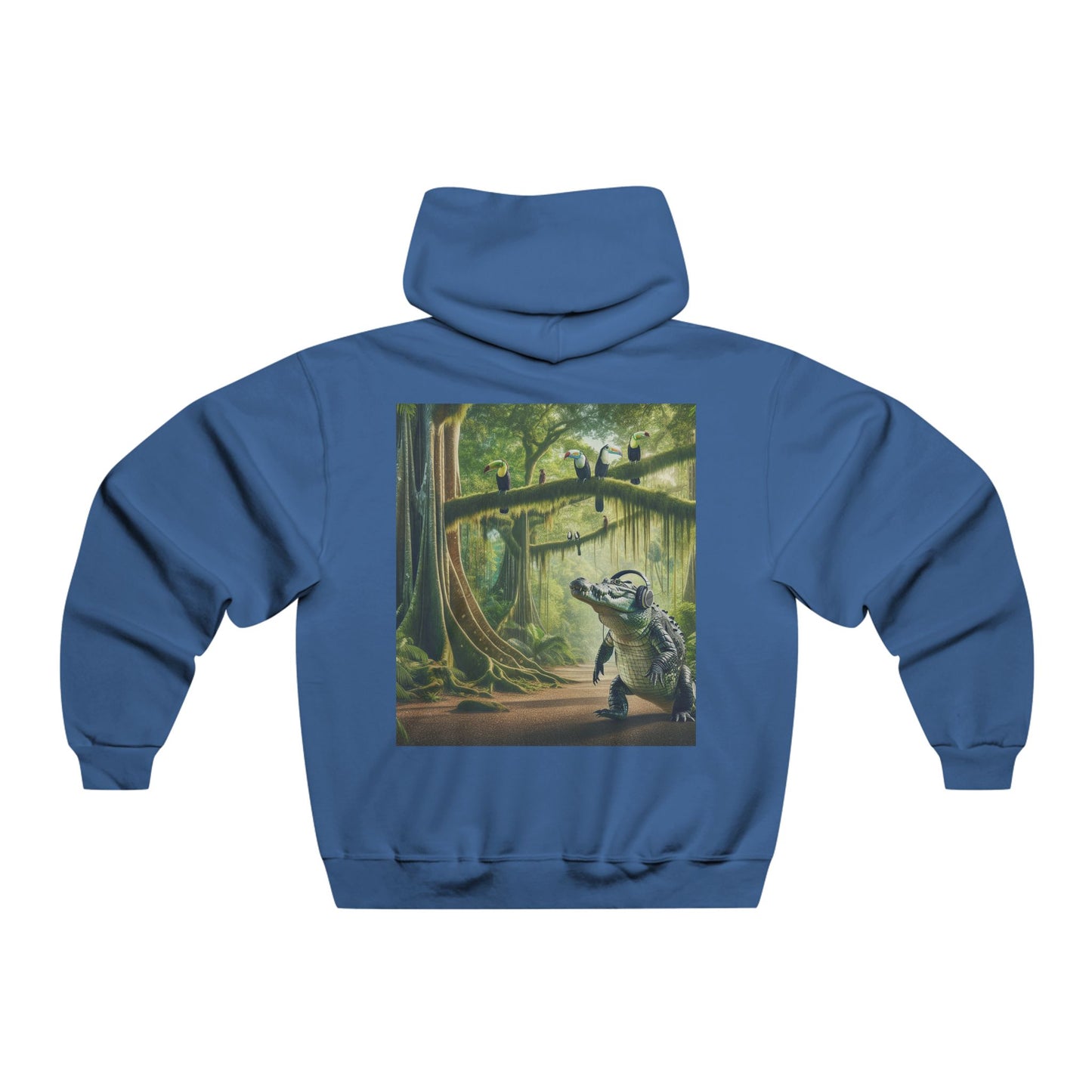 In the jungle's heart where shadows play, The crocodile glides in a silent ballet. Above, the toucan calls with a vibrant hue, A symphony of life, both old and new. Hooded Sweatshirt