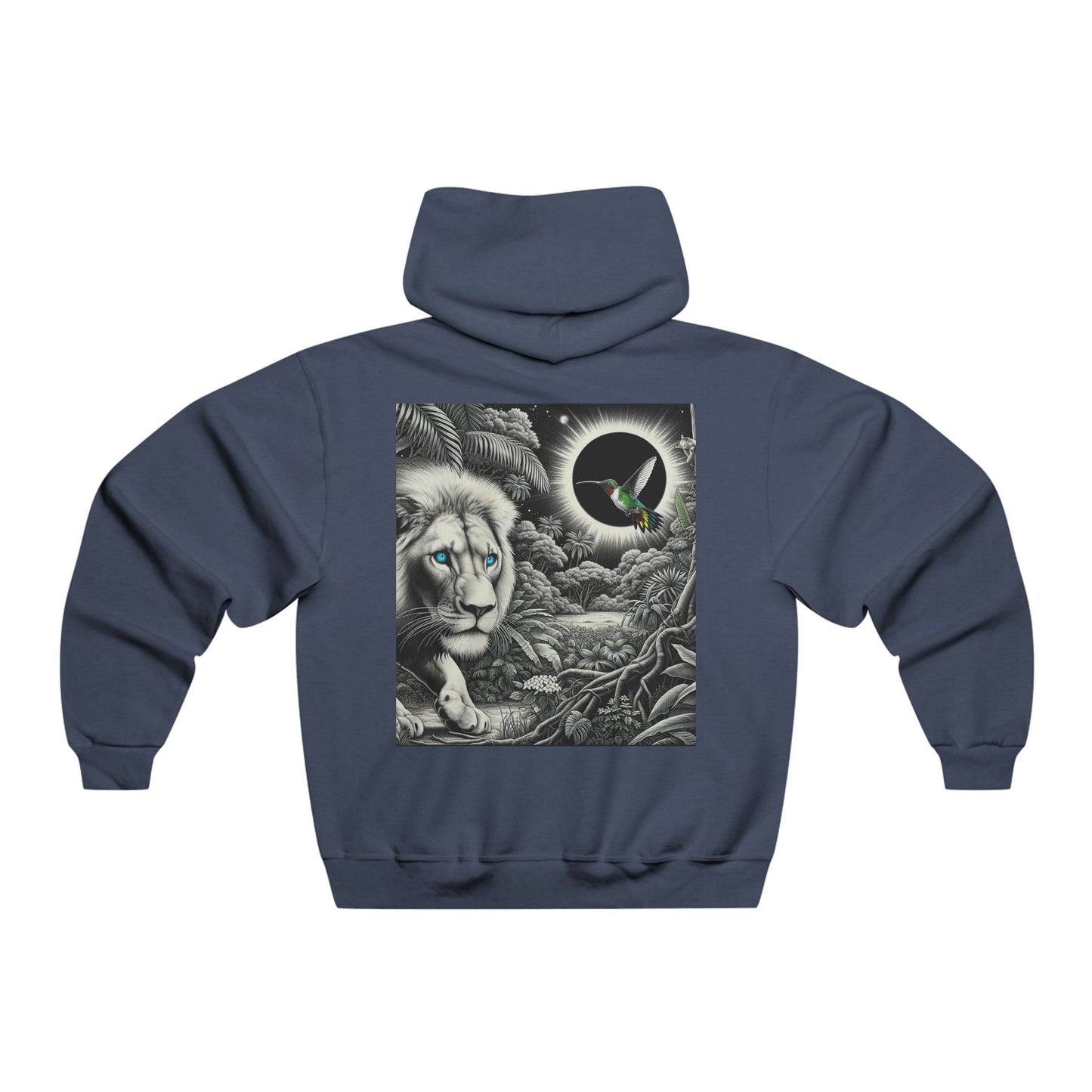 In the shadow of the eclipse, the lion prowls with quiet grace, while the hummingbird flits like a whisper of light, balancing power and fleeting beauty in the darkness Hooded Sweatshirt