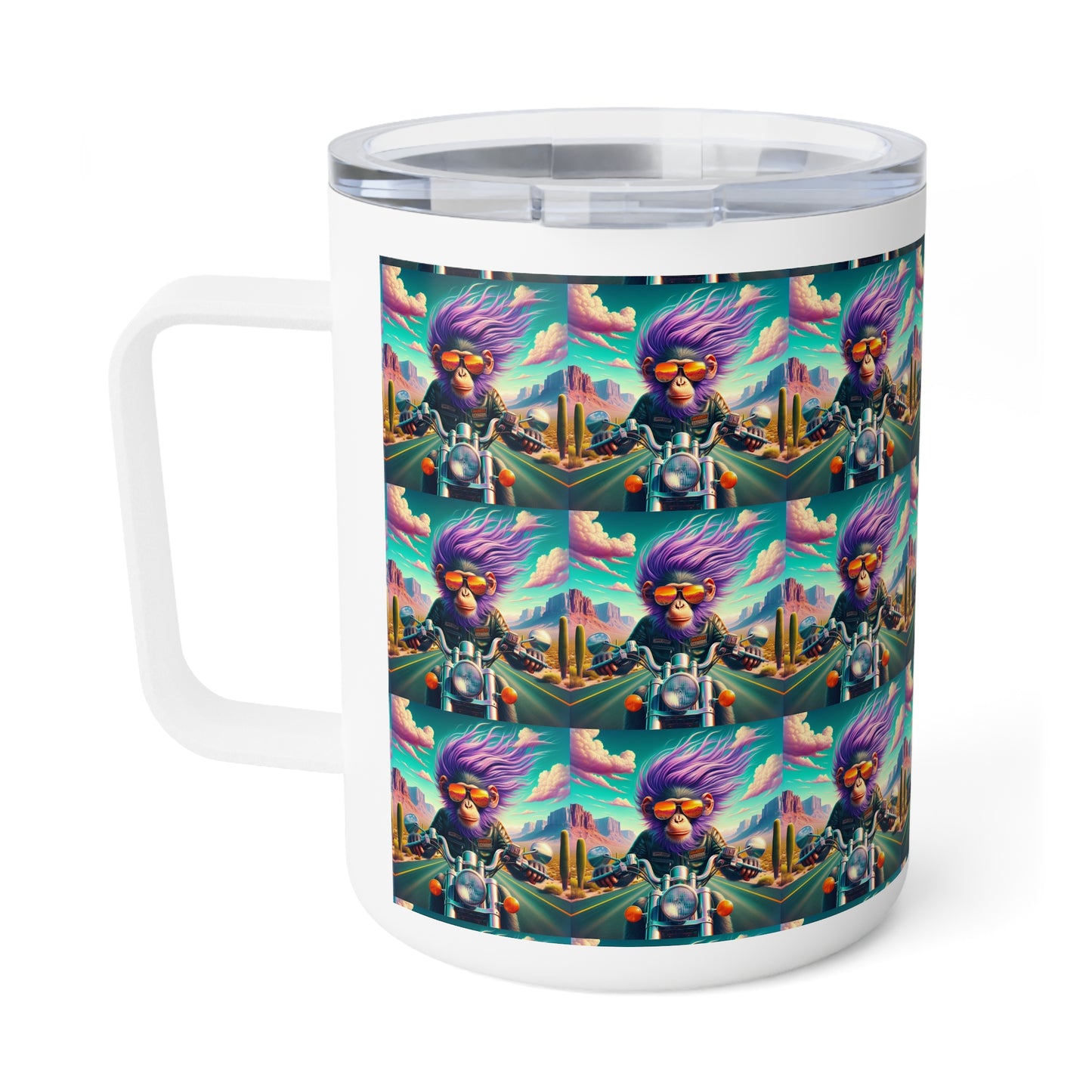Purple hair~neon skies~and a motorcycle that eats the stars for breakfast Insulated Coffee Mug, 10oz