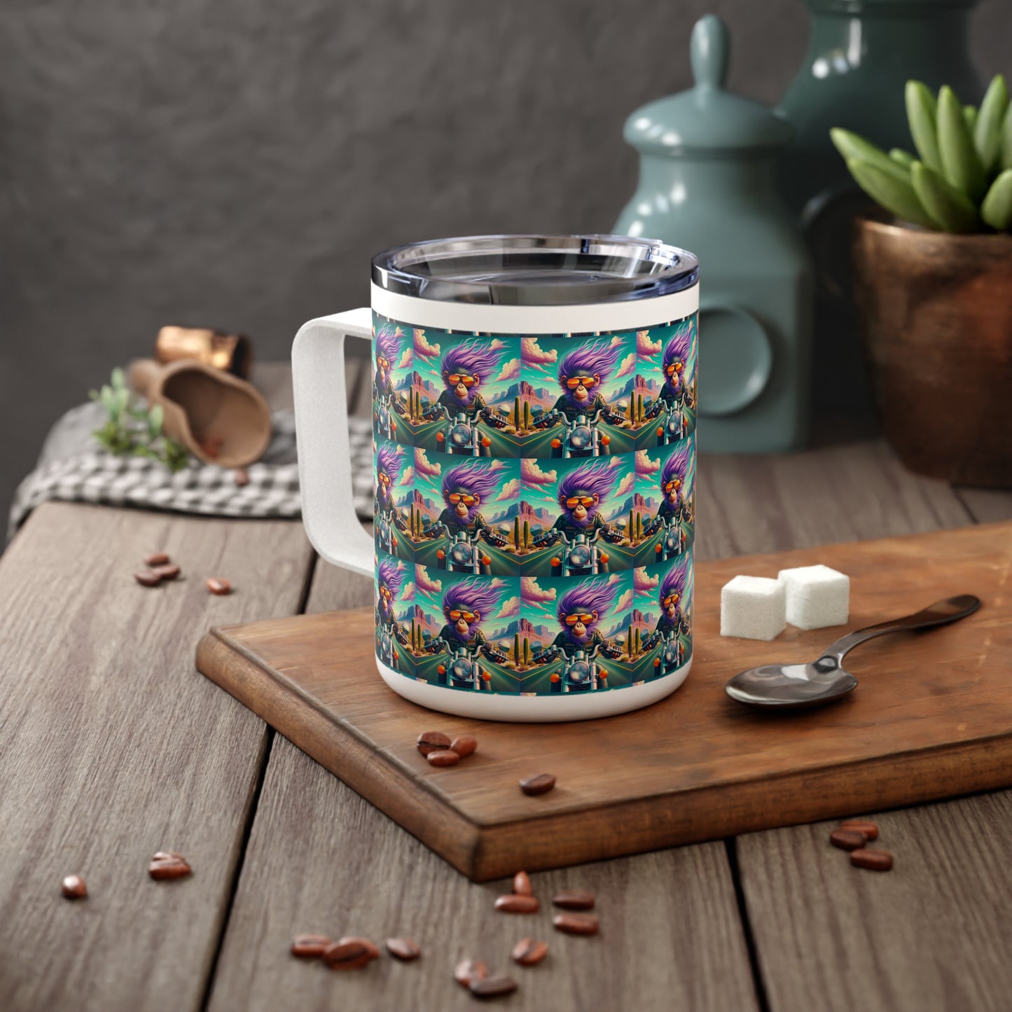 Purple hair~neon skies~and a motorcycle that eats the stars for breakfast Insulated Coffee Mug, 10oz