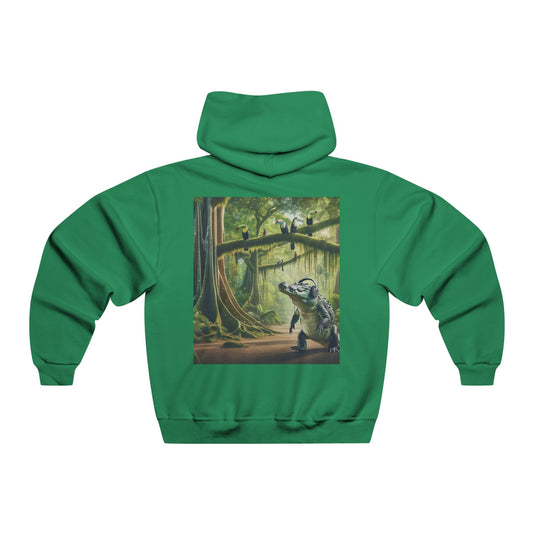 In the jungle's heart where shadows play, The crocodile glides in a silent ballet. Above, the toucan calls with a vibrant hue, A symphony of life, both old and new. Hooded Sweatshirt