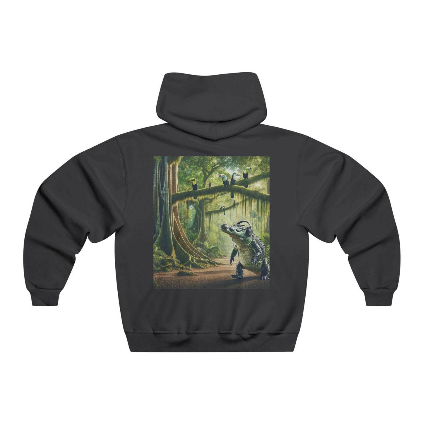 In the jungle's heart where shadows play, The crocodile glides in a silent ballet. Above, the toucan calls with a vibrant hue, A symphony of life, both old and new. Hooded Sweatshirt