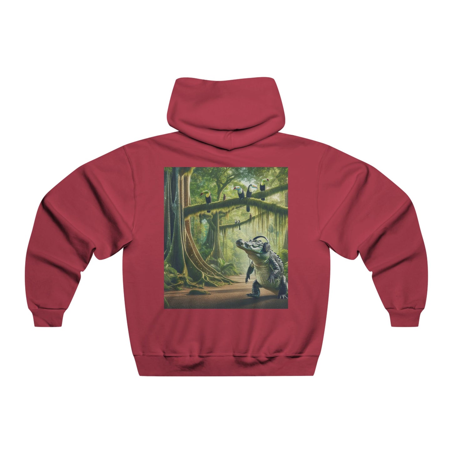 In the jungle's heart where shadows play, The crocodile glides in a silent ballet. Above, the toucan calls with a vibrant hue, A symphony of life, both old and new. Hooded Sweatshirt