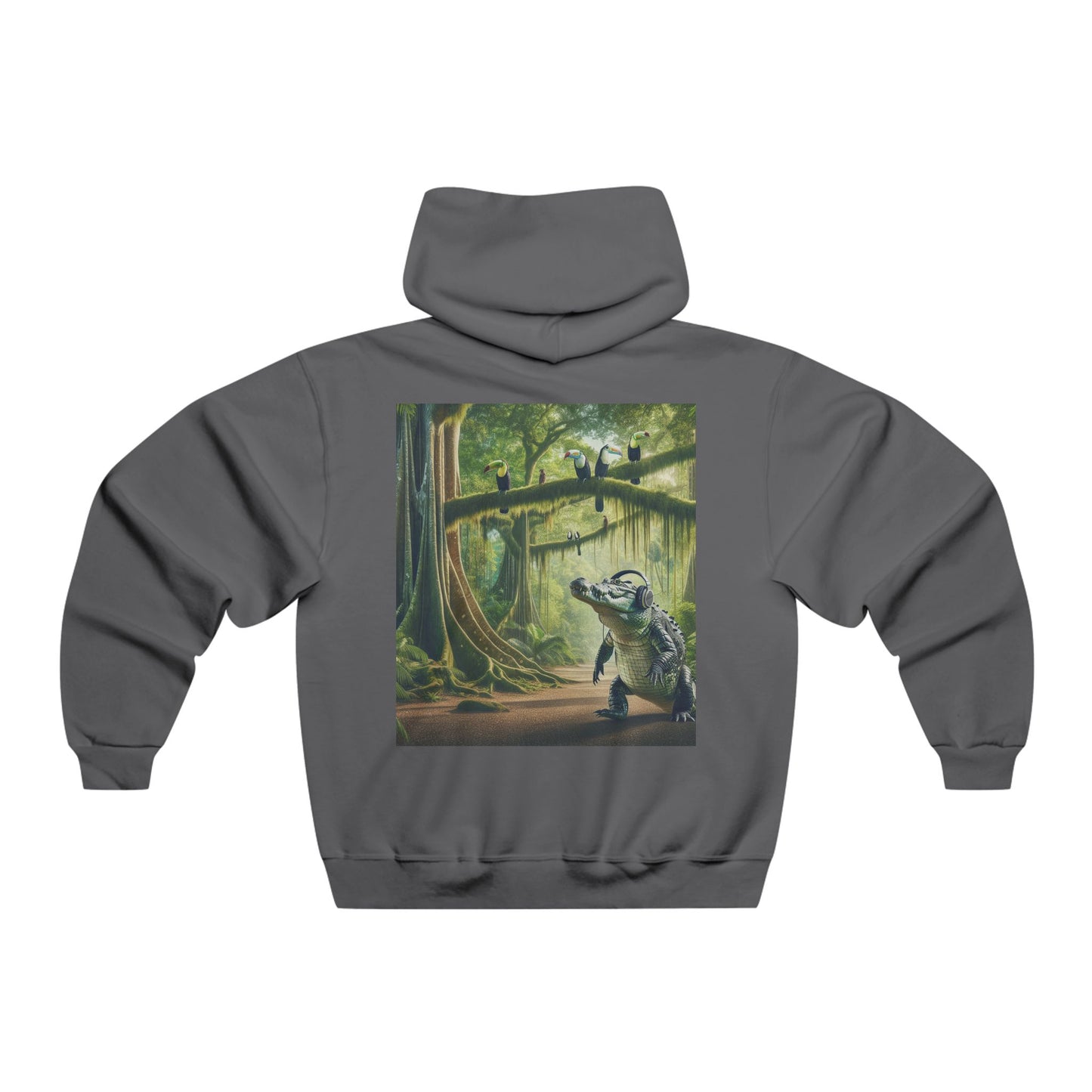 In the jungle's heart where shadows play, The crocodile glides in a silent ballet. Above, the toucan calls with a vibrant hue, A symphony of life, both old and new. Hooded Sweatshirt