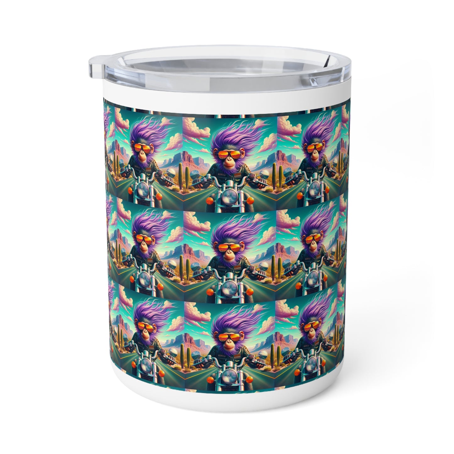 Purple hair~neon skies~and a motorcycle that eats the stars for breakfast Insulated Coffee Mug, 10oz
