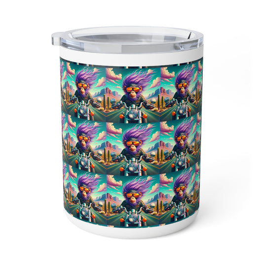 Purple hair~neon skies~and a motorcycle that eats the stars for breakfast Insulated Coffee Mug, 10oz