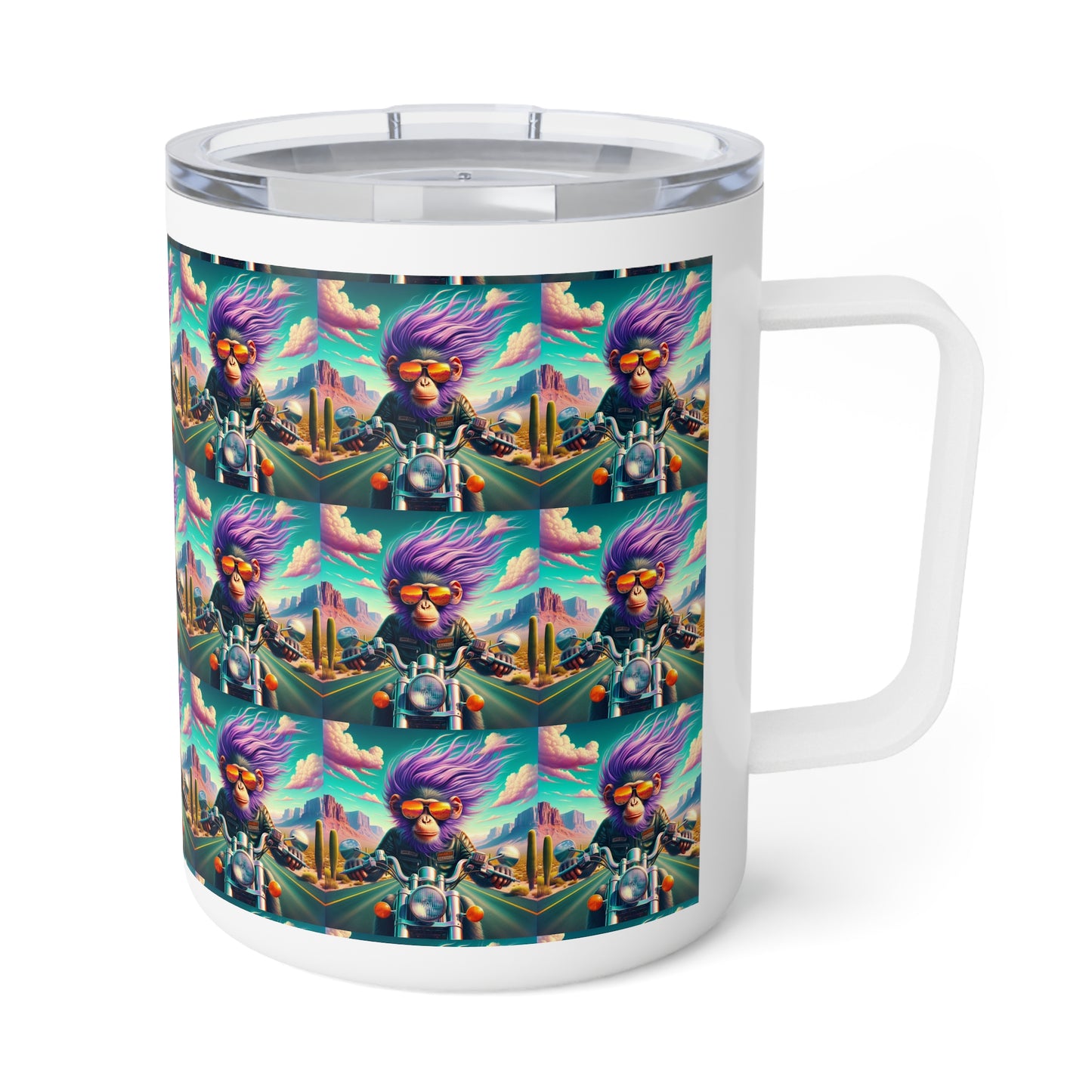 Purple hair~neon skies~and a motorcycle that eats the stars for breakfast Insulated Coffee Mug, 10oz