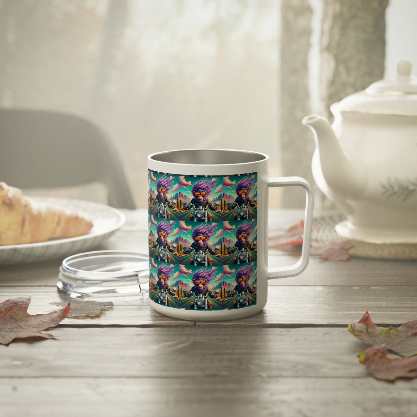 Purple hair~neon skies~and a motorcycle that eats the stars for breakfast Insulated Coffee Mug, 10oz